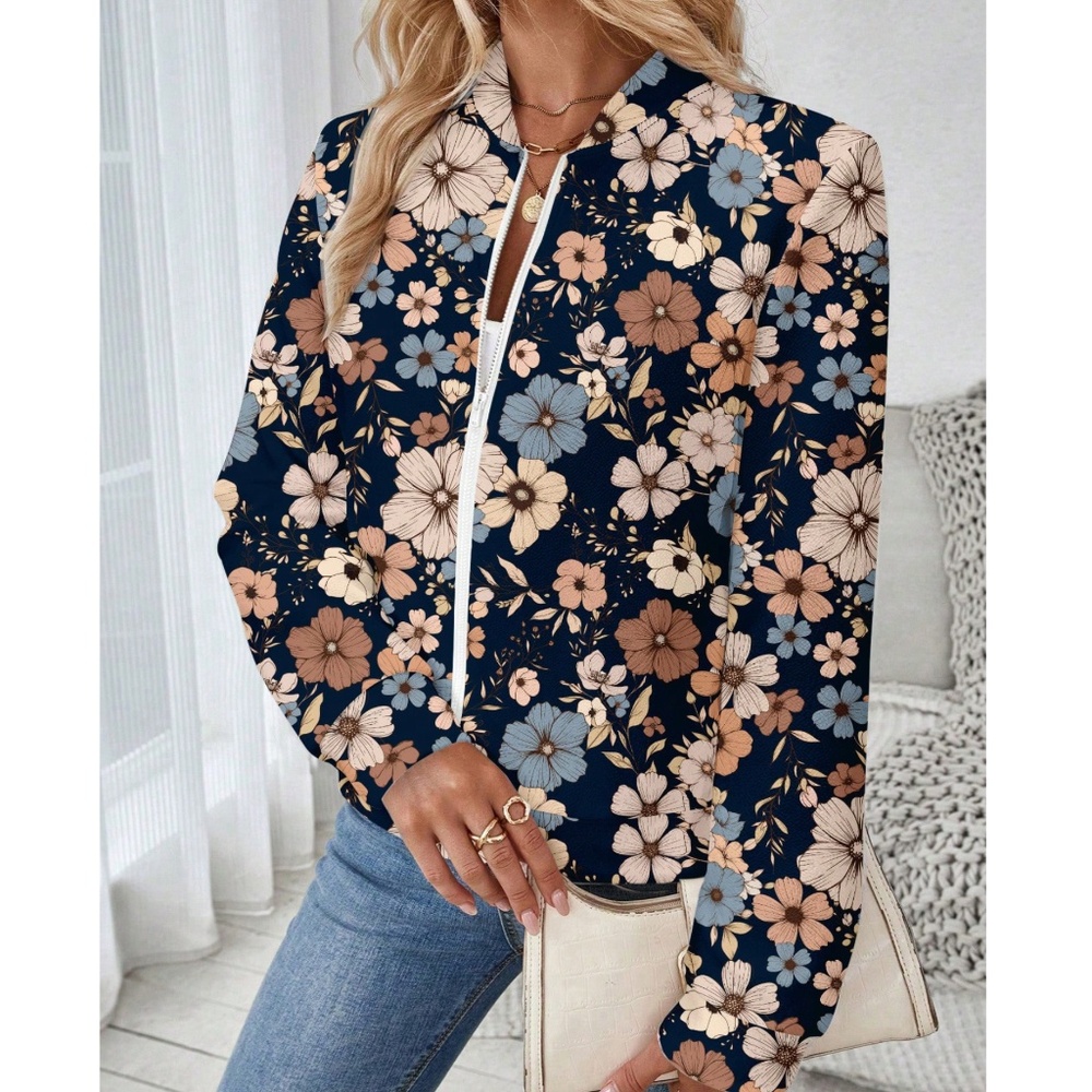 031 Boho Navy Blue Floral Print Zipper Jacket Shacket - Picture 2 of 4